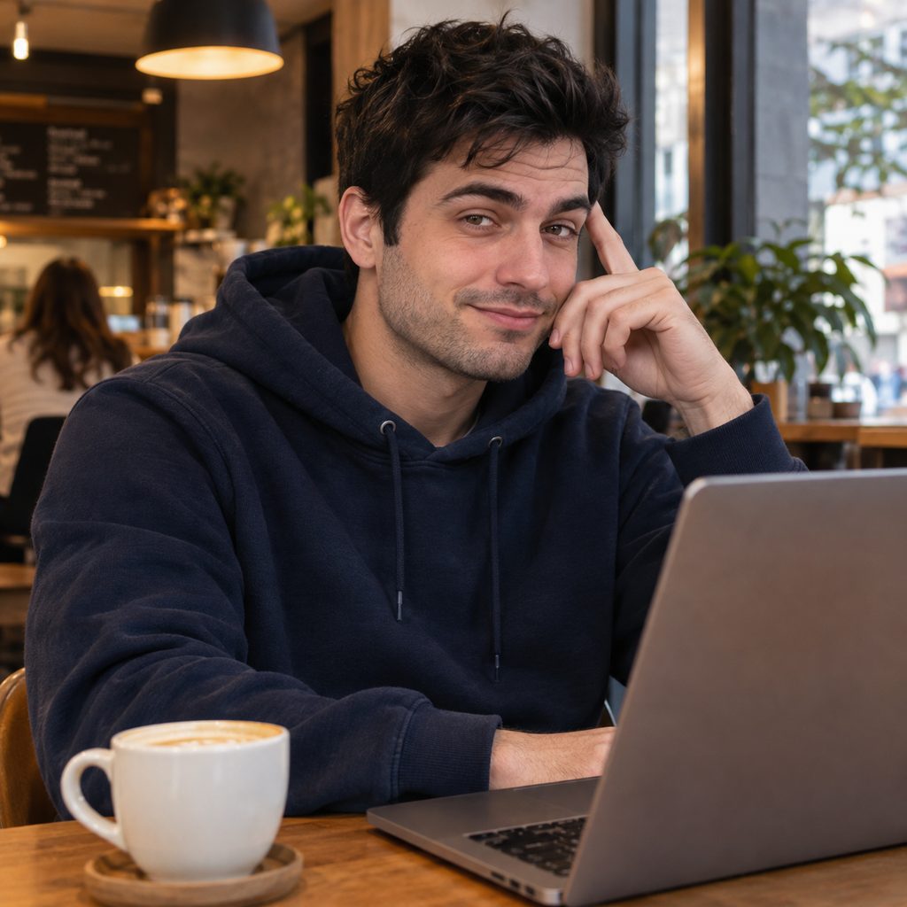 AI-generated sample: a fictional adult with black hair in a navy hoodie at a cafe laptop