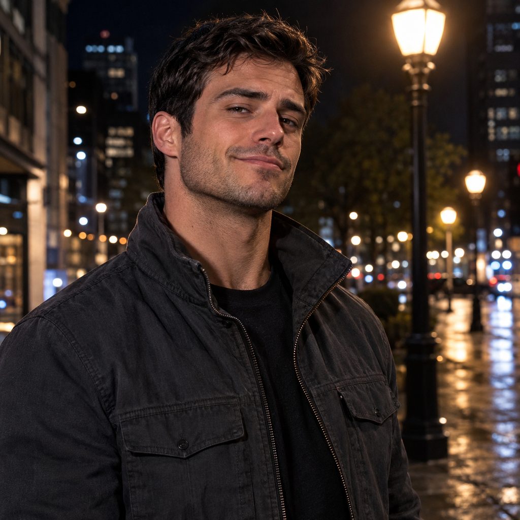 AI-generated sample: a fictional adult with dark hair in a charcoal jacket on a city street at night