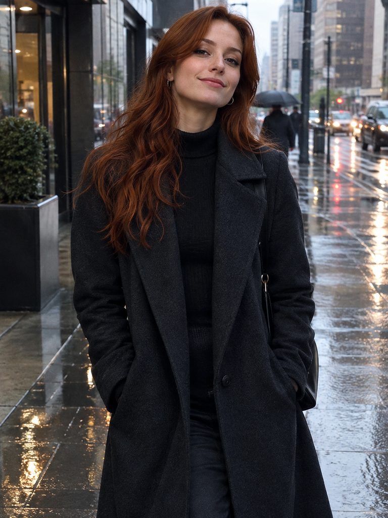 AI-generated sample: a fictional adult with auburn hair in a modern overcoat on a rainy sidewalk